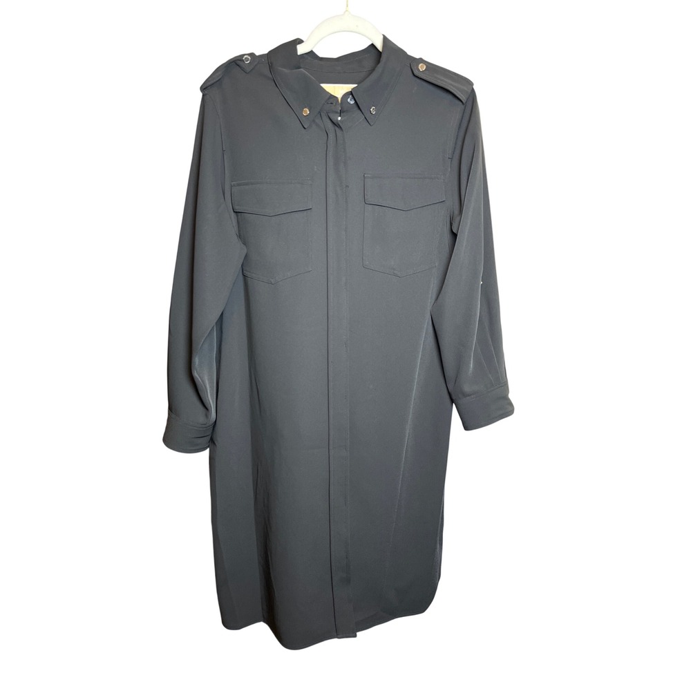 Michael Kors Black Utility Shirt Dress Long Roll Tab Sleeve Epaulettes Pocket L